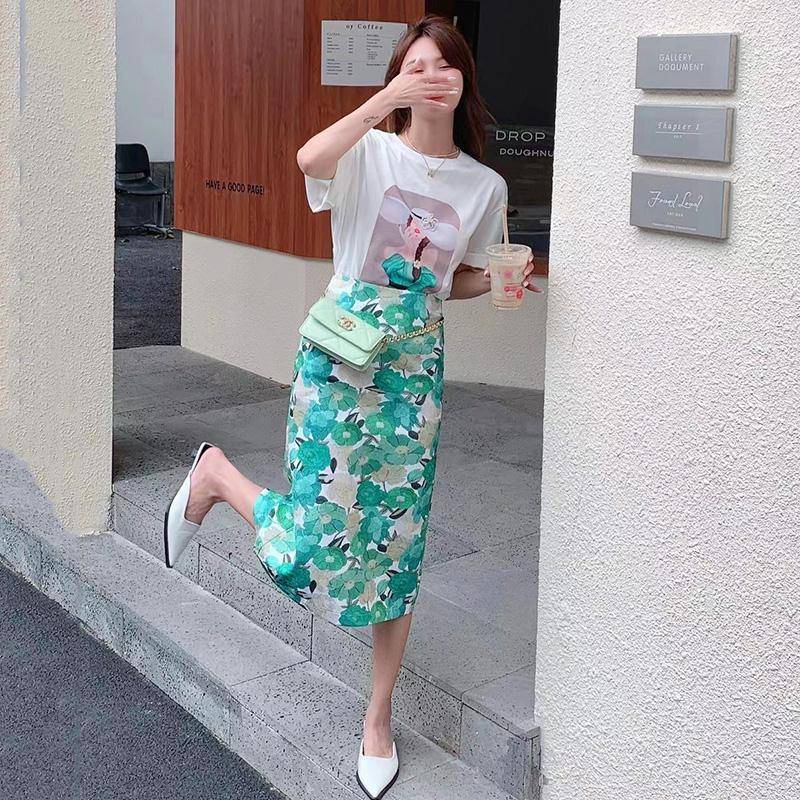 Set Áo Thun Ngắn Tay + Chân Váy Lưng Cao Xẻ Tà Phong Cách Công Sở Sang Trọng Cho Nữ