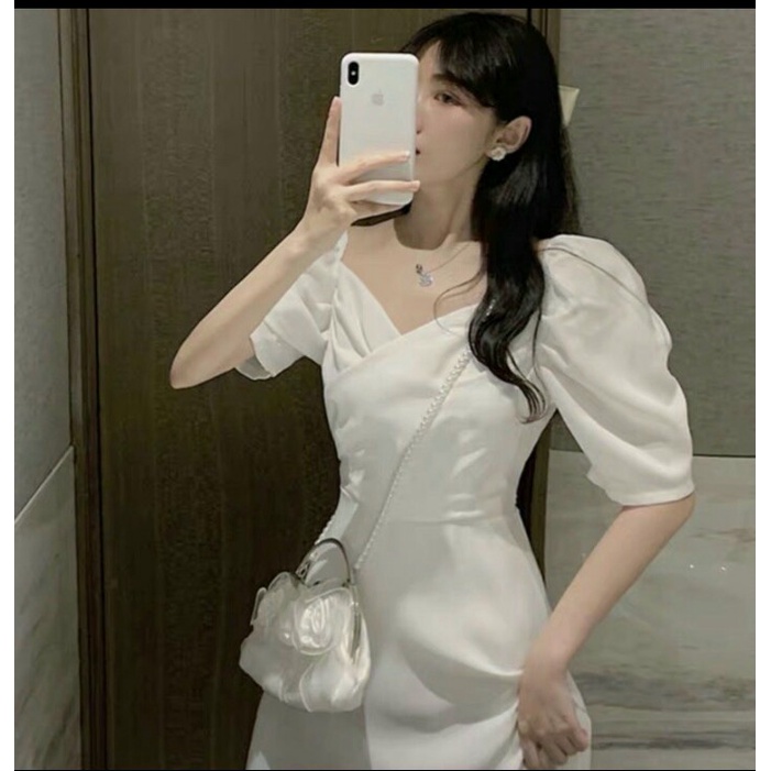 Váy nữ cổ V thiết kế tay phồng dáng dài, Đầm thời trang công sở cao cấp dự tiệc sang trọng V133