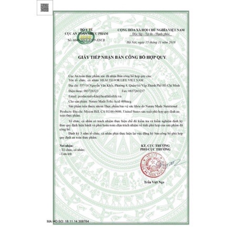 Viên uống Folic Acid 400mcg 250 viên Nature Made