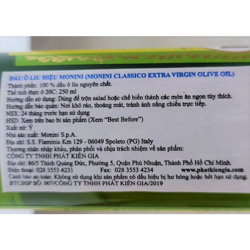 [Chai 250ml – Extra Virgin] DẦU Ô LIU NGUYÊN CHẤT [Italia] MONINI Classico Extra Virgin Olive Oil (pkg)