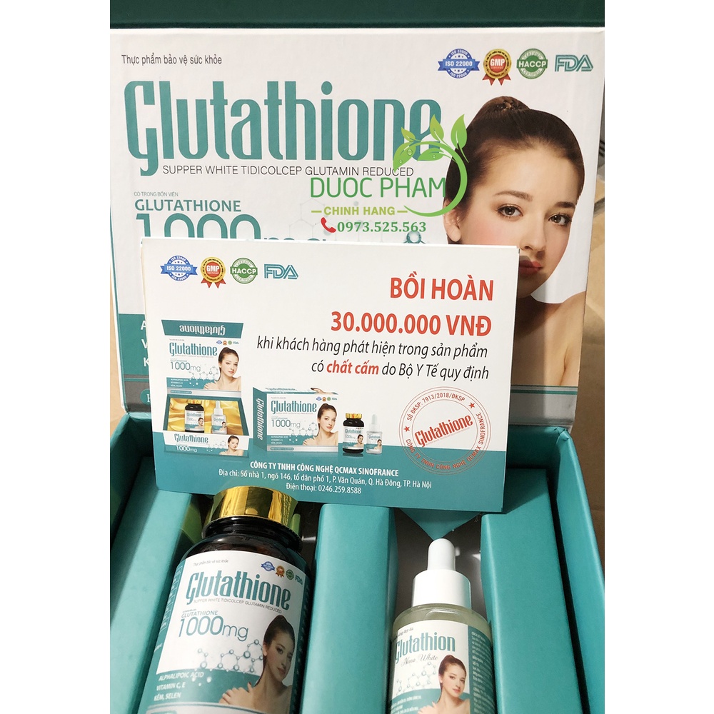 Viên uống trắng da glutathione 1000mg có serum dưỡng trắng giúp trắng da, nâng tông, giảm nám, tàn nhang