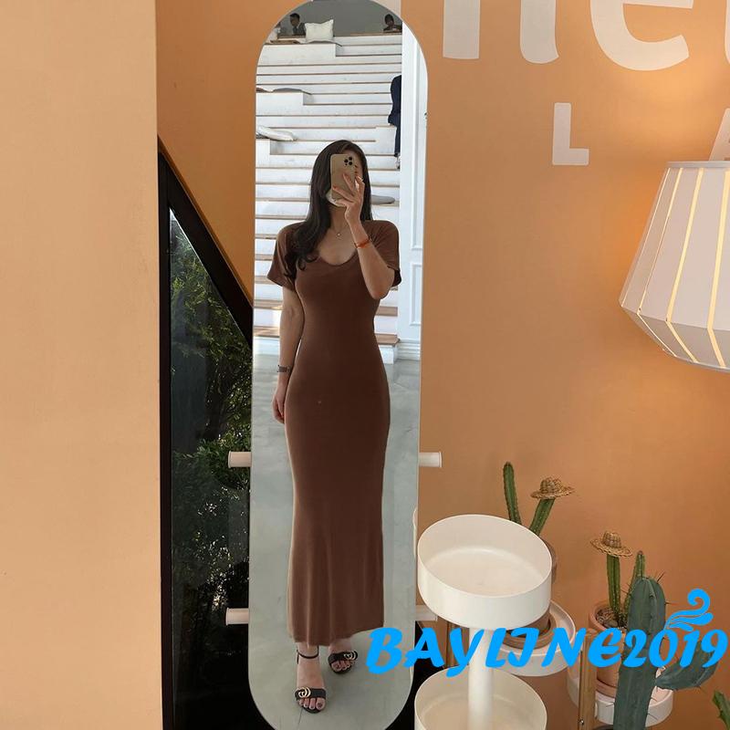 Đầm Tay Ngắn Cổ Chữ U Màu Sắc Thanh Lịch Dành Cho Nữ