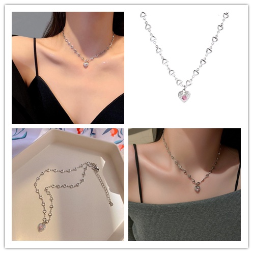 Vòng Cổ Choker Hình Trái Tim Đính Đá Màu Hồng Phong Cách Hàn Quốc Dành Cho Nữ