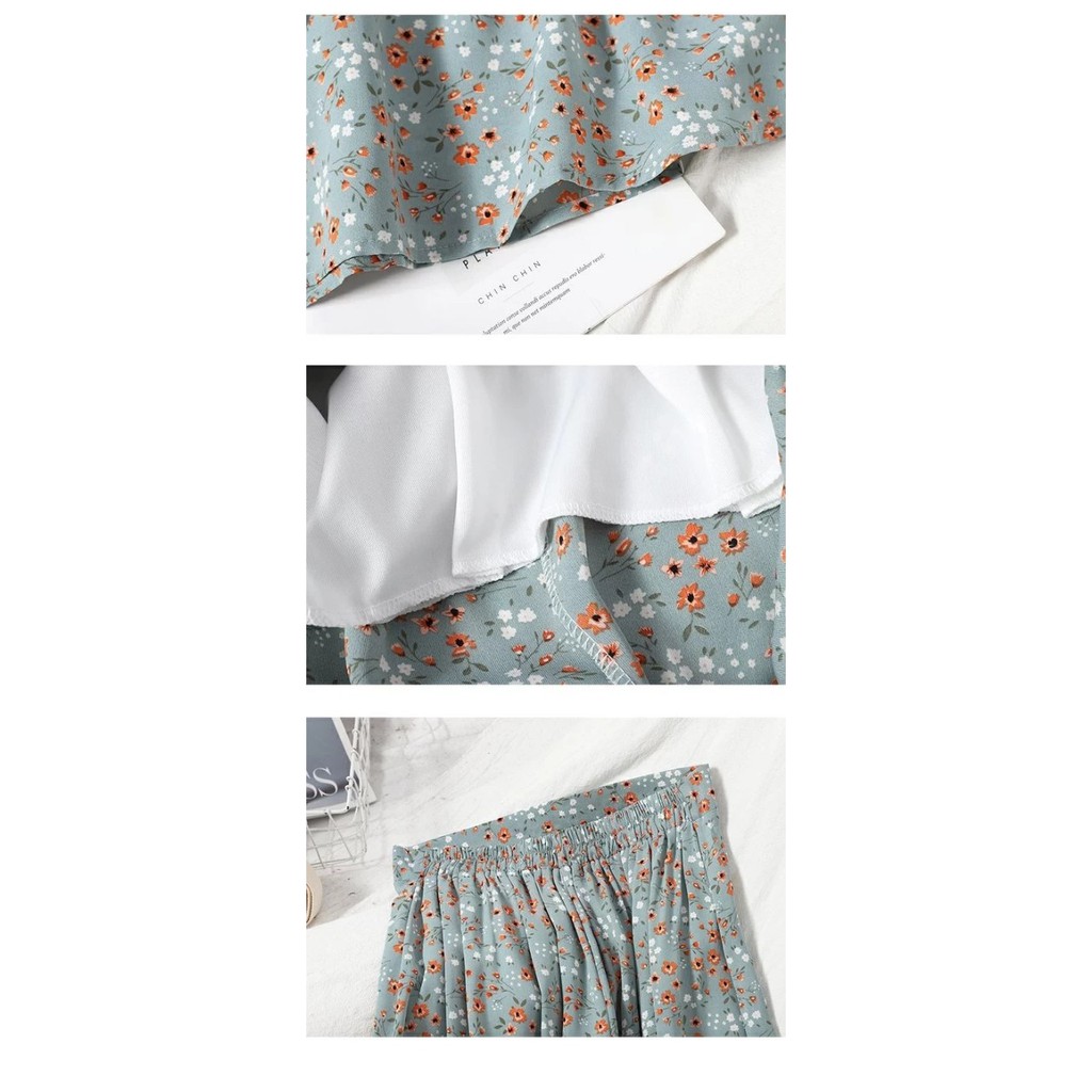 Chân váy hoa nhí midi voan lụa hai lớp lưng chun lót mát