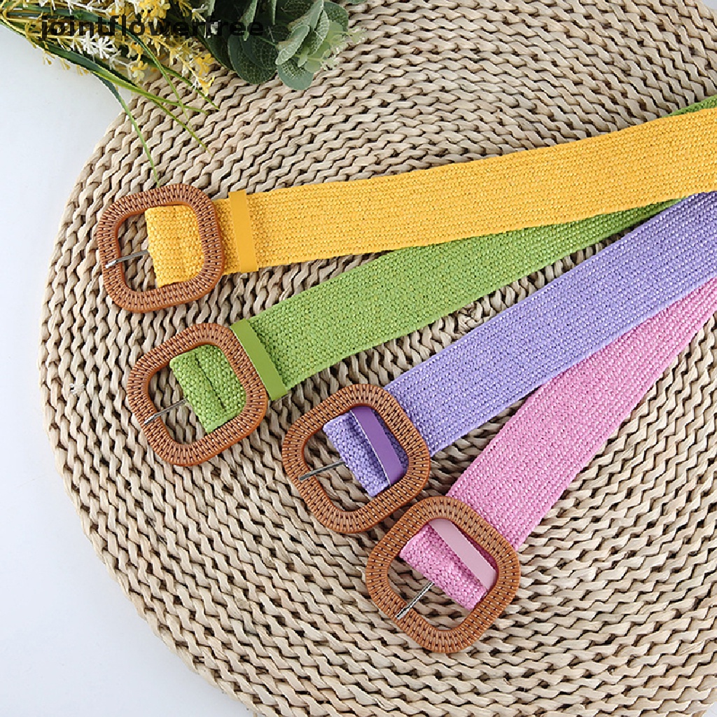 Thắt Lưng Bện Sợi Rơm Bản Rộng Co Giãn Có Khóa Vuông Phong Cách Bohemia Thời Trang Cho Nữ