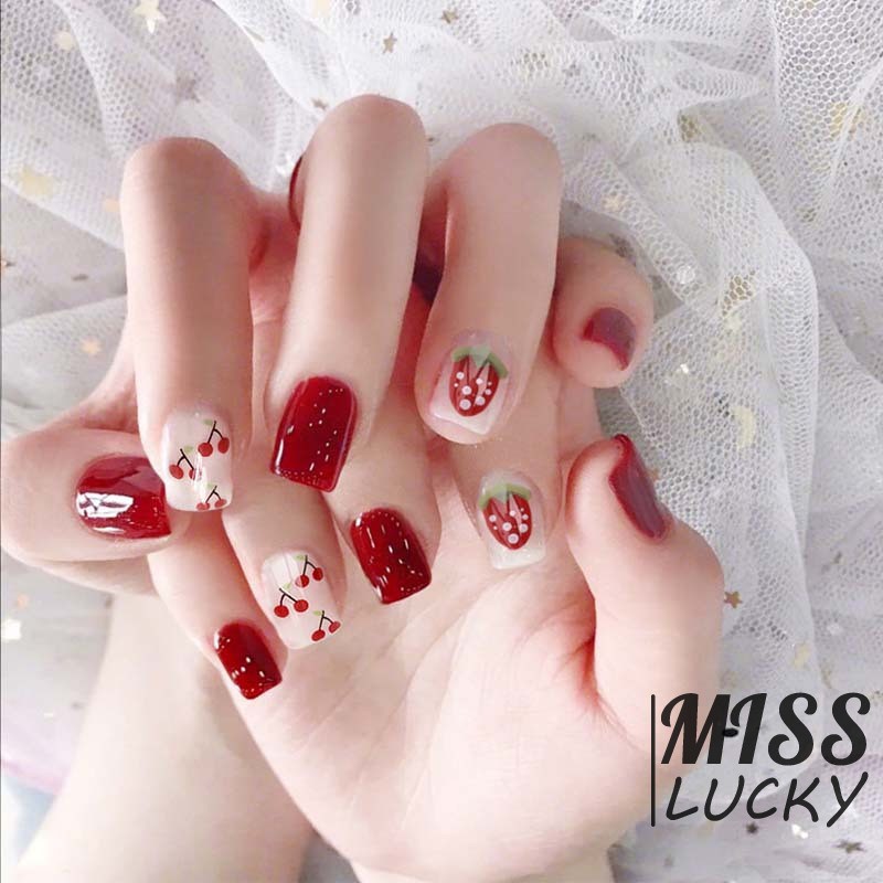 Set 24 móng tay giả trang trí móng DIY họa tiết dâu tây thời trang