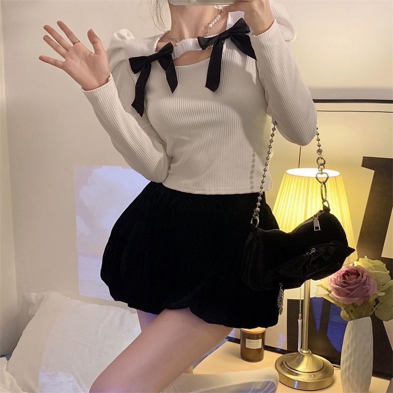 Áo dệt kim tay phồng màu trơn đính nơ thời trang xuân hè mới