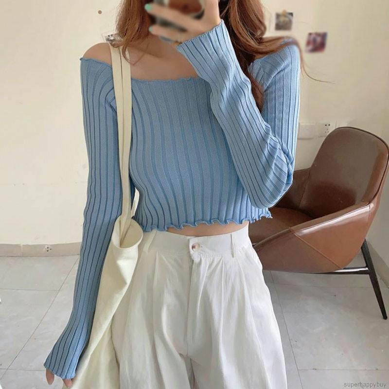 Áo sweater crop top tay dài cổ vuông kiểu dáng thời trang dành cho nữ