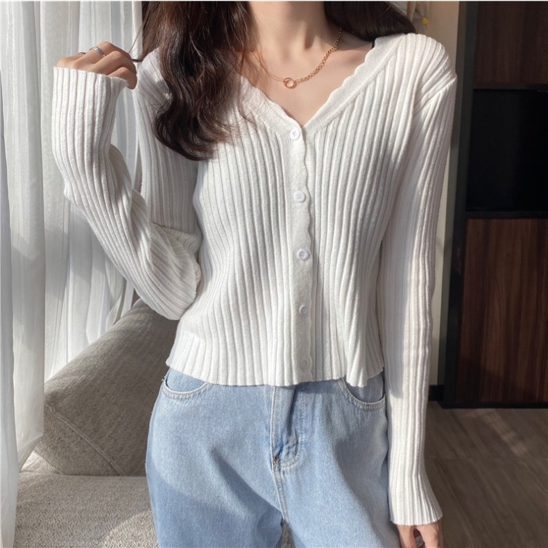 Áo cardigan dệt kim ZHELIHANGFEI tay dài cổ chữ V dáng ôm phong cách gợi cảm