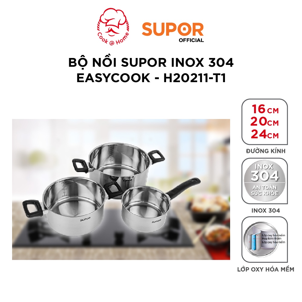 Bộ nồi Supor inox 304 Easycook size 16, 20, 24cm - H20211-T1