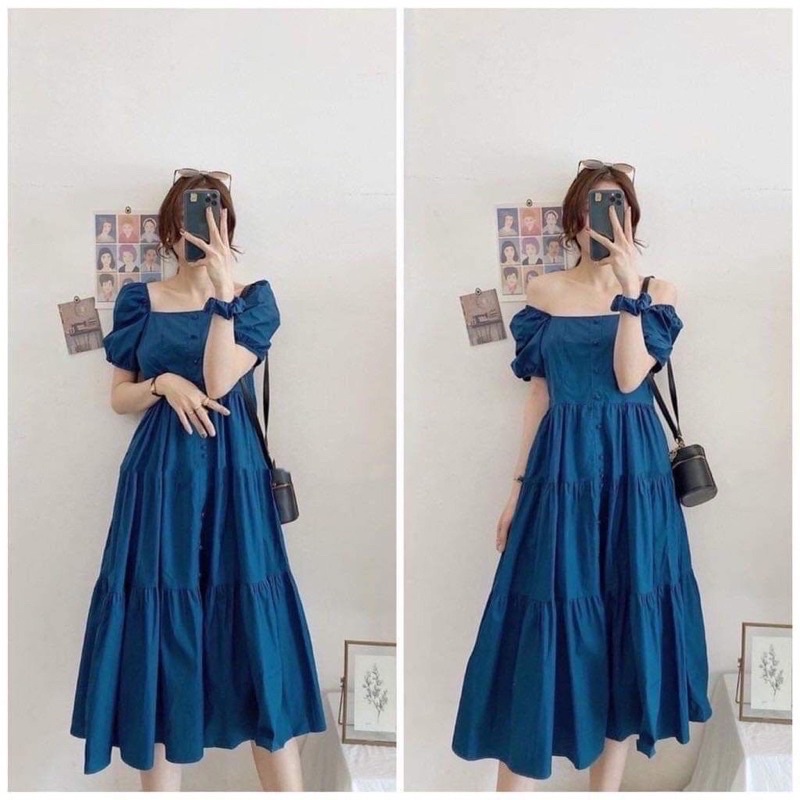 Đầm váy Bầu thiết kế ĐẸP RẺ, màu xanh mát, cổ vuông xinh xắn mặc được 2 kiểu, FREESIZE Cho Mẹ mặc thoải mái
