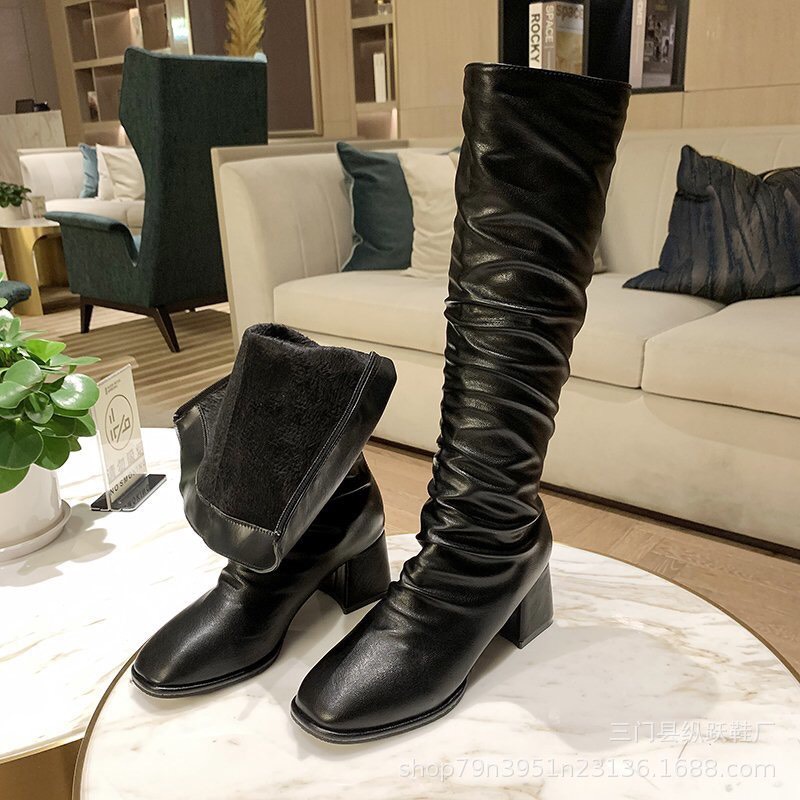 Bốt Đùi Boot Cao Cổ Nhăn Trước Da Mềm Cao Cấp Khóa Sau Da Bóng và Da Mờ
