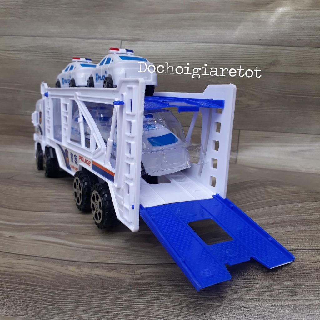 Đồ chơi xe container cảnh sát hạng nặng 2 tầng tặng kèm 4 ô tô con