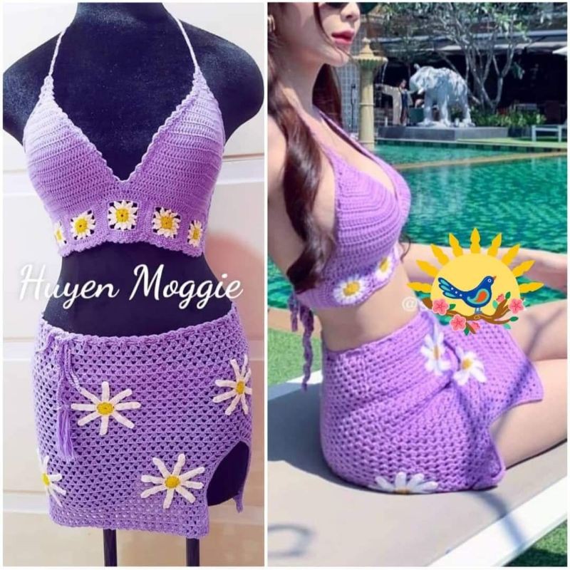 Set áo váy bikini sợi len móc màu tím hoa