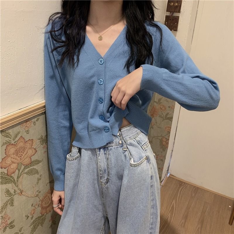 Áo Khoác Cardigan Dệt Kim Tay Dài Cổ Chữ V Dáng Ngắn Phong Cách Hàn Quốc Thời Trang 2022 Mới Cho Nữ