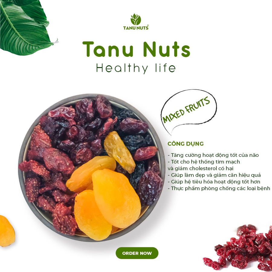 Trái cây sấy dẻo không đường TANU NUTS Mix Fruits 4 loại gồm mơ, dâu tây, nho khô, việt quất 400g