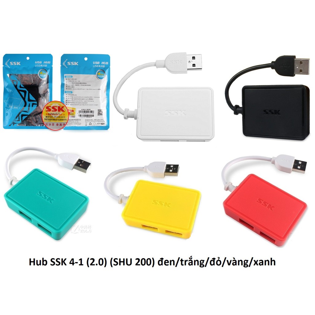 Hub USb bộ chia tín hiệu USB 2.0  từ 1 ra 4 cổng SSK SHU 200 màu trắng, đen