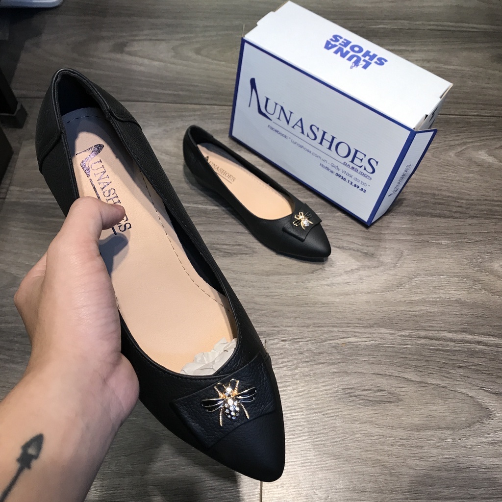 Giày đế xuồng nữ da bò êm chân Lunashoes 25803 hàng vnxk bảo hành 2 năm mũi nhọn da thật có nơ con ong hàng hiệu cao cấp