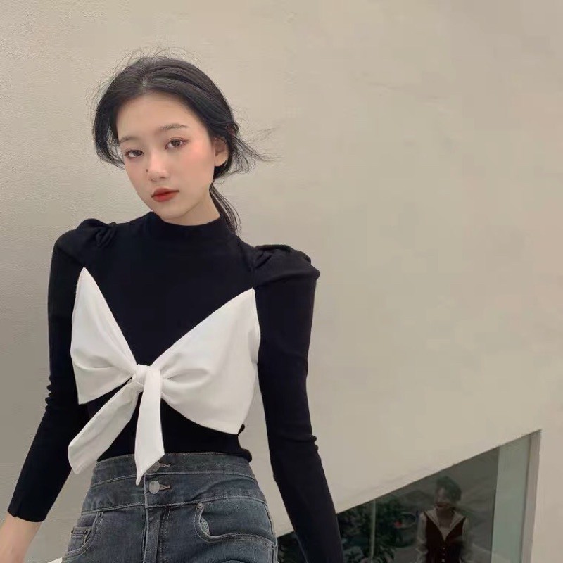 Áo Croptop Nữ  [Tiệm Vải Xinh]  Áo Croptop Dài Tay Nơ Ngực - Hàng Quảng Châu