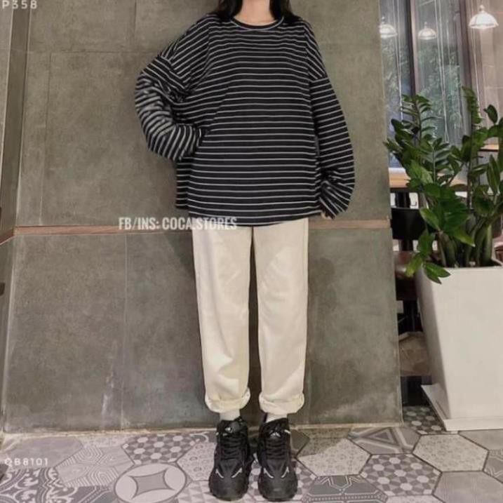RẺ VÔ ĐỊCH] Áo Thun Kẻ Oversize-Sweater Tay Dài From Rộng Unisex