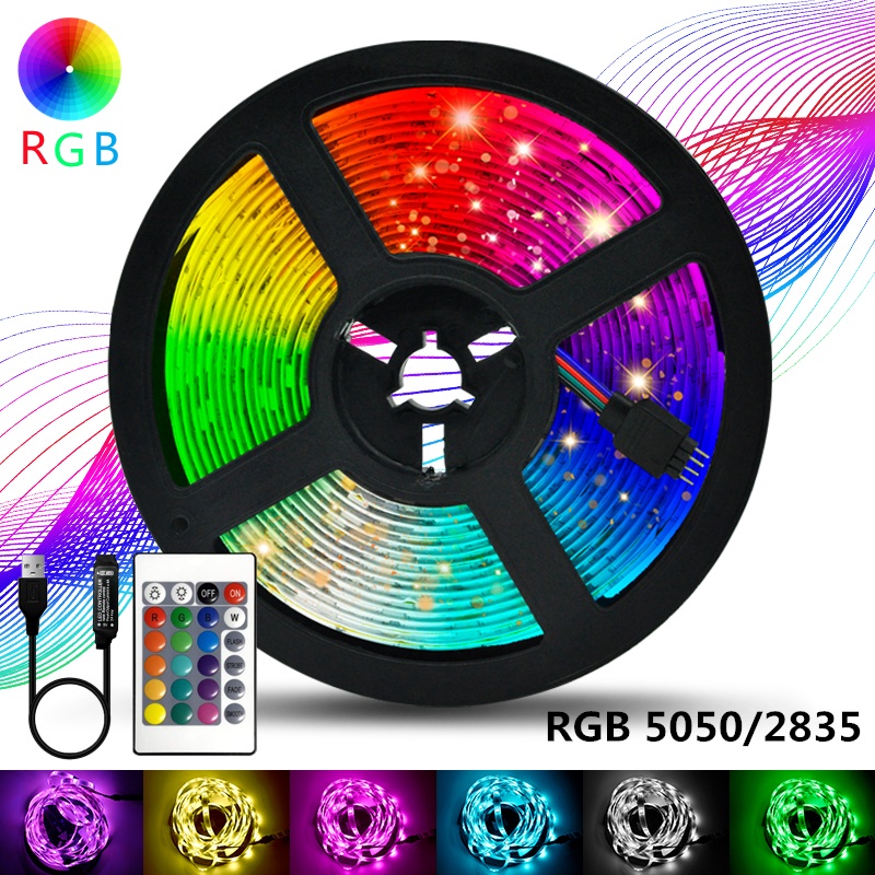 Dây Đèn Led 2835 / 5050 RGB 16 Màu Sắc USB 5V Linh Hoạt Có Điều Khiển Từ Xa 24 Nút Để Bàn Trang Trí Phòng