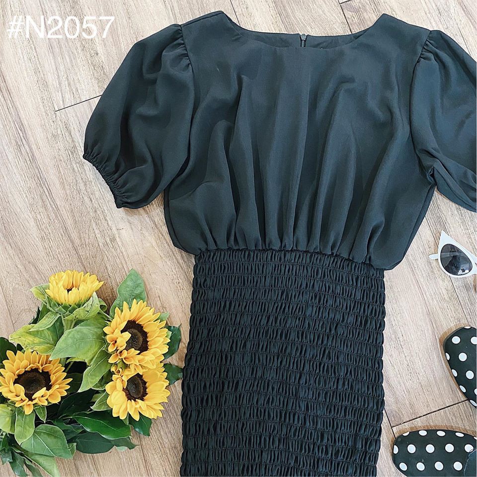 [ẢNH THẬT TRẢI SÀN] ĐẦM ĐEN NỮ TAY PHỒNG BO CHUN ÔM DÁNG SIỂU XINH - JEANIE DRESS | BigBuy360 - bigbuy360.vn