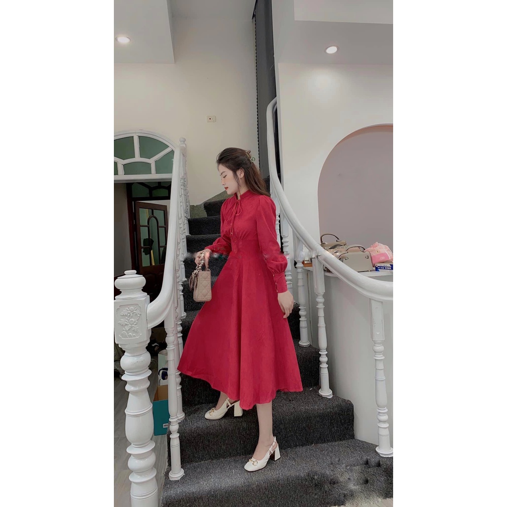 Đầm nhung tăm nhún ngực tay bồng dài cổ nơ dáng xòe- đầm thiết kế 126