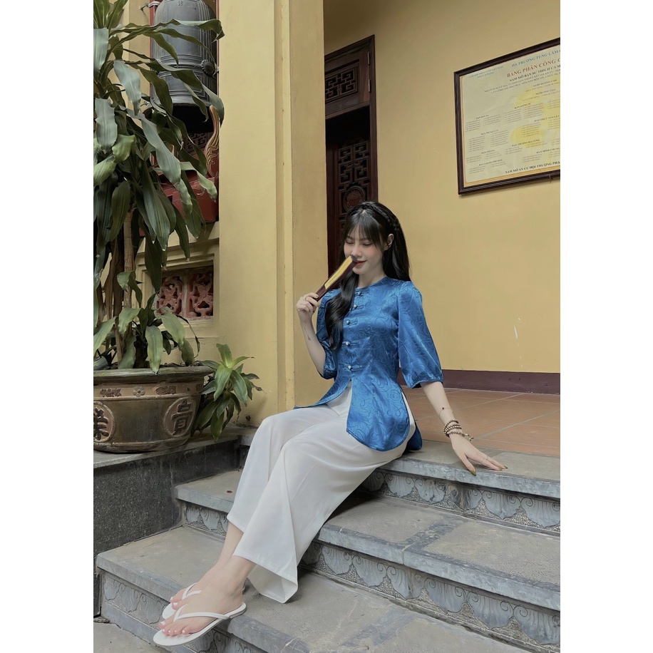 Bộ Đi Lễ Chùa Nữ - Đồ Lam Đi Chùa Bộ Lụa Tay Bồng Cao Cấp Chất Mềm Mịn Mặc Cực Thoải Mái Duyên Dáng, Bộ Bà Ba Cổ Tròn M1