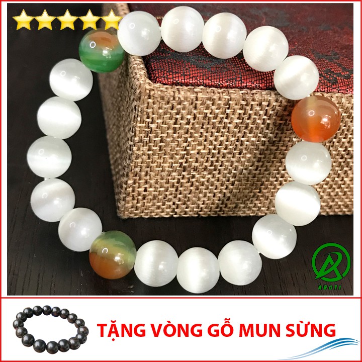 [Video- Ảnh Thật] V229-10 Vòng phong thủy mắt mèo trắng tam bảo 10 ly V229-10(GM)-Kèm Vòng Phong Thủy Gỗ Mun
