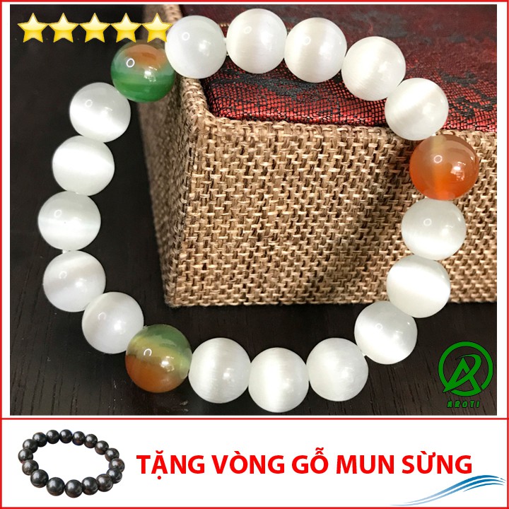 [Shop Uy Tín] V229-10 Vòng phong thủy mắt mèo trắng tam bảo 10 ly V229-10(GM)-Kèm Vòng Phong Thủy Gỗ Mun