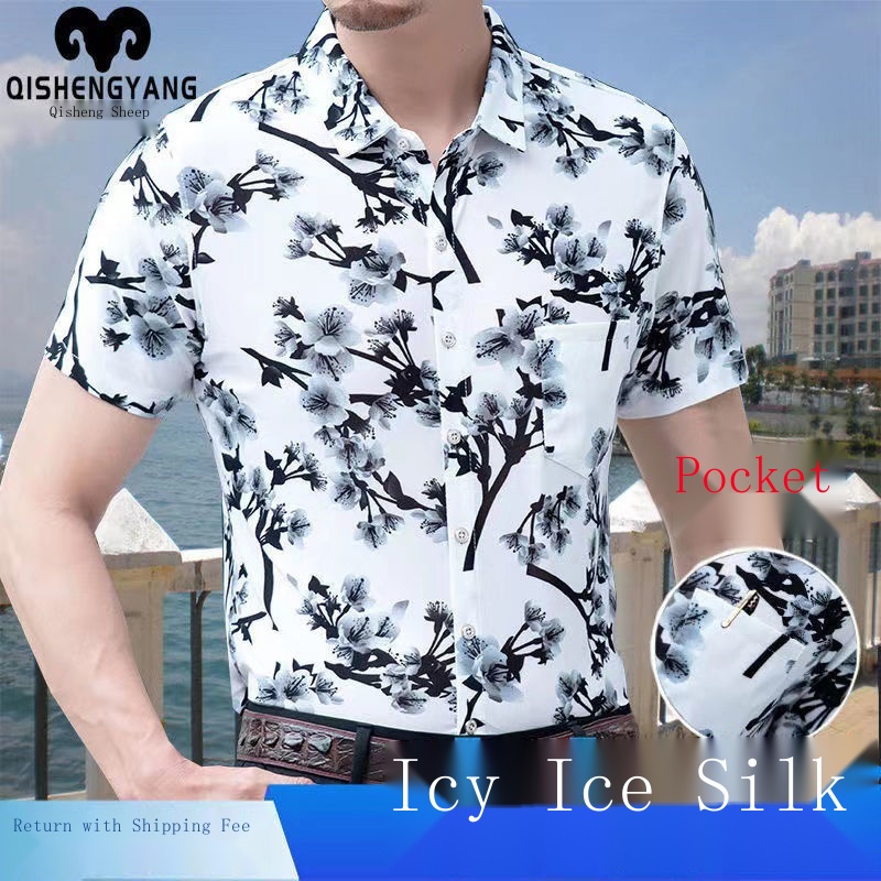 Áo Sơ Mi Tay Ngắn Bằng Lụa Lạnh Có Túi In Hình Thời Trang Mùa Hè Dành Cho Nam Trung Niên