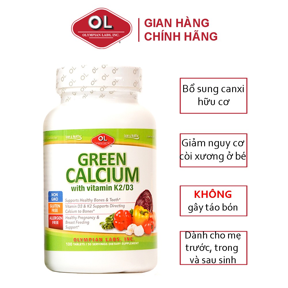 Bổ sung Canxi hữu cơ cho bà bầu, trẻ em và người lớn Green Calcium Olympian Labs hộp 100 viên