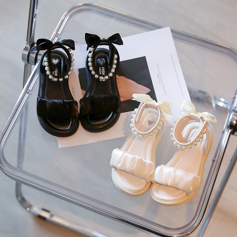 Sandal Đế Mềm Đính Nơ Và Dây Cột Ngọc Trai Thời Trang 2022 Cho Bé Gái Sandal ngọc bé gái