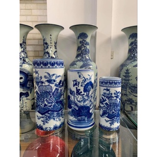 Ống hương, ống nhang họa tiết cuốn thư thờ cúng men lam trắng trơn hàng chính hãng Bát Tràng