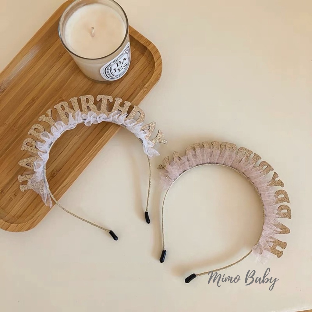 Bờm cài sinh nhật chữ happy birthday viền voan hồng cho bé Mimo baby BD33