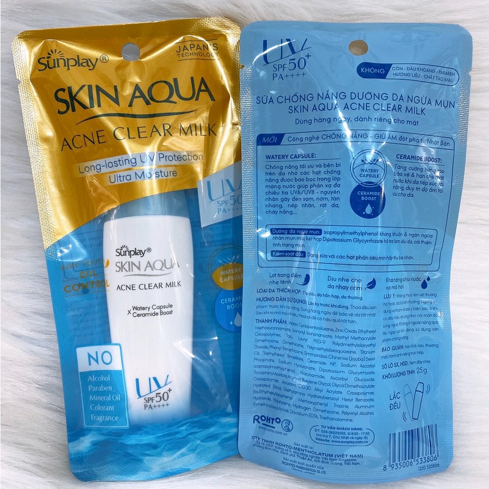 Kem chống nắng dưỡng da ngừa mụn Sunplay Skin Aqua Acne Clear Milk SPF50+, PA++++ 25gr