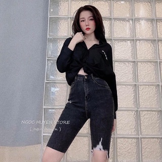 [Bigsize 32-36] Quần Lửng Jean Xám Đậm Rách Lai 7006, Lưng Trên Rốn, Không Giãn