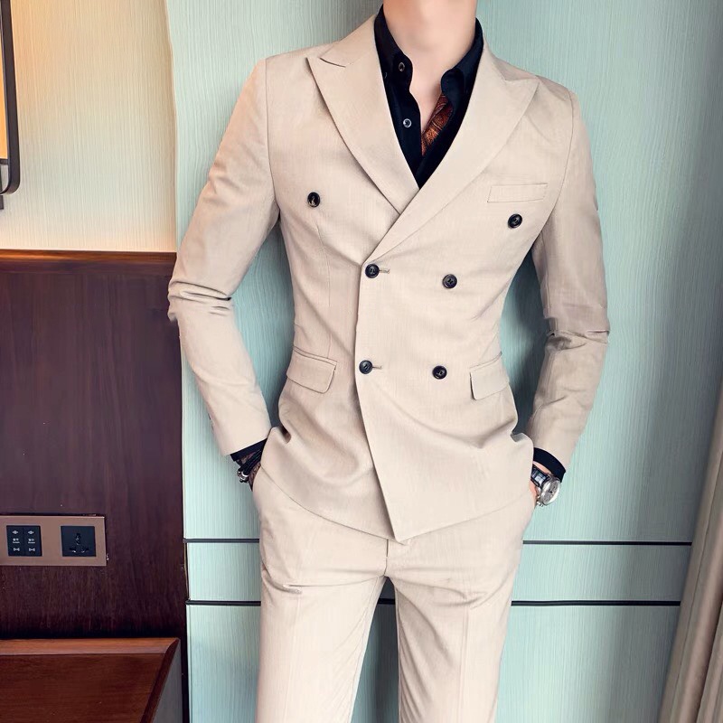 Bộ Vest Nam cao cấp from dáng măng tô 6 cúc màn kem Hàn Quốc-Shop Suit