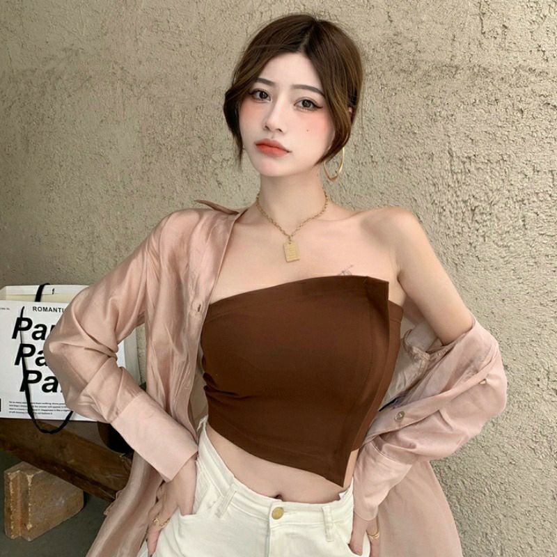 Set áo ống croptop phối sơ mi