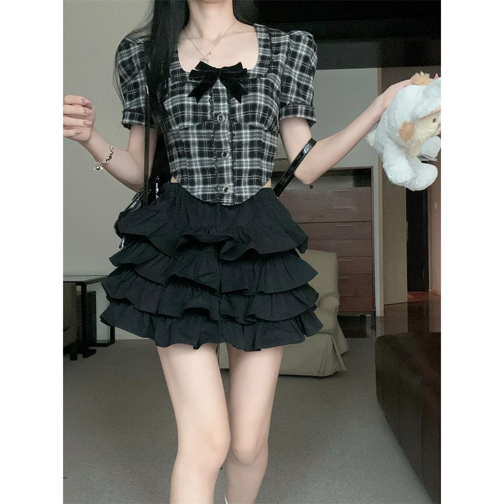 Set Áo Sơ Mi Cổ Vuông Kẻ Sọc Caro Trắng Đen Phong Cách Retro Kiểu Pháp 63588