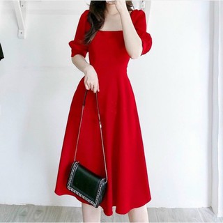 Đầm váy đỏ cổ vuông tay lỡ (kèm hình thật)
