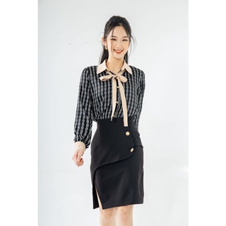Áo Sơ mi cổ nơ hoạ tiết xích
