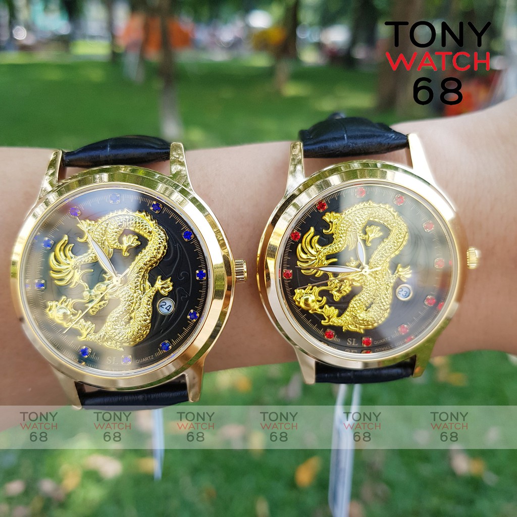 Đồng hồ đeo tay nam SL dây da viền vàng hình rồng 3D có lịch quyền lực size 38mm cho nam tay bé