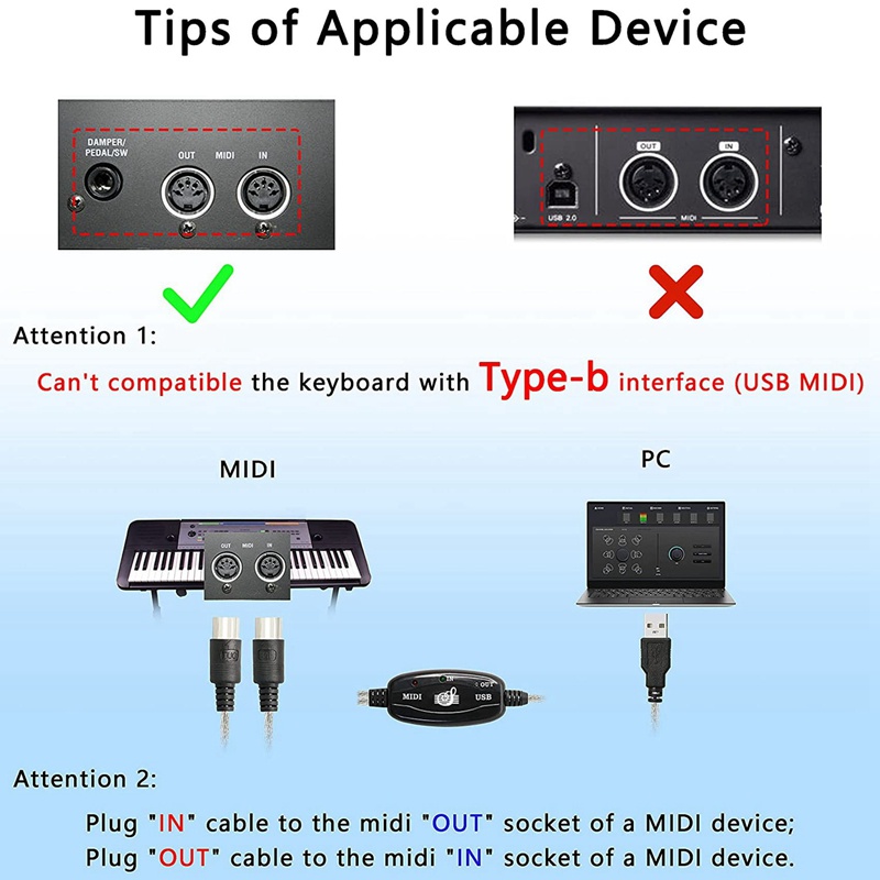 Cáp Chuyển Đổi USB Type A Sang MIDI Din 5 Pin Có Đèn LED Báo Hiệu Cho Bàn Phím Âm Nhạc