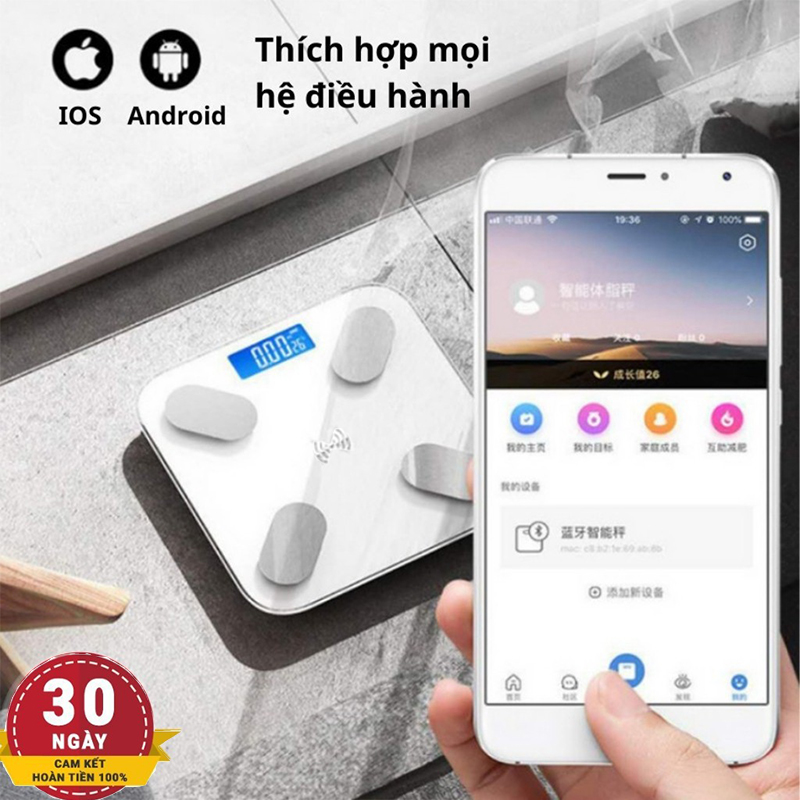 Cân Điện Tử Thông Minh Kết Nối Bluetooth Đo Chỉ Số Sức Khỏe, Kèm Dây Sạc USB