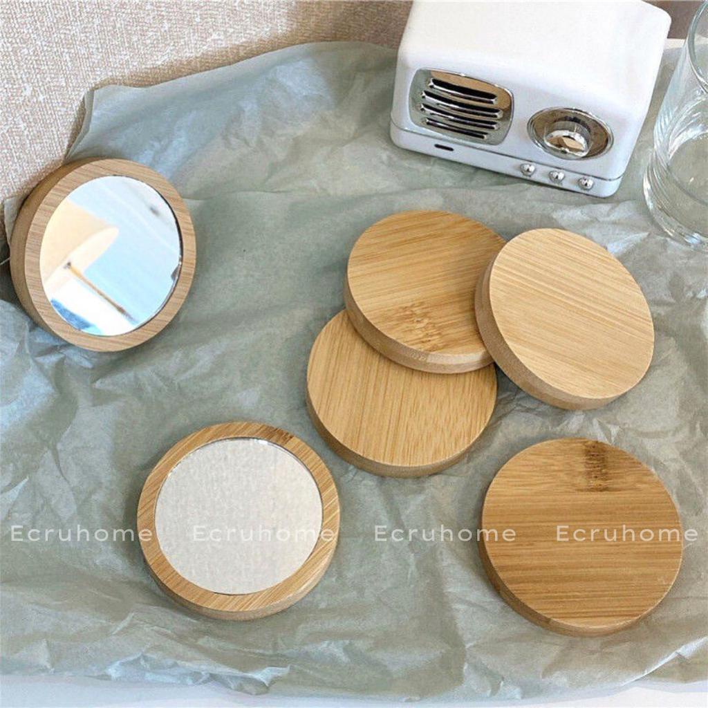 Gương mini bỏ túi tiện lợi màu gỗ nhạt gương trang điểm tròn cầm tay phong cách Hàn Quốc phụ kiện