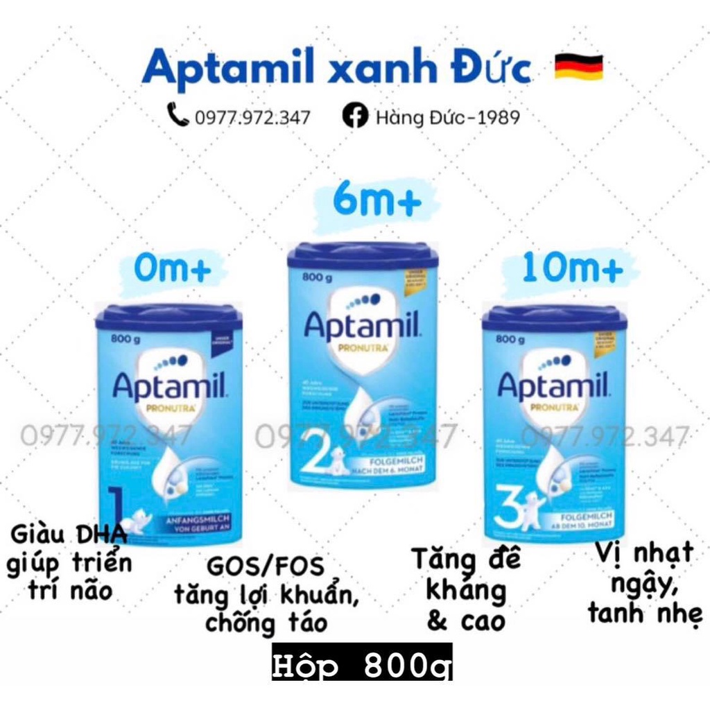 Sữa Aptamil xanh Pronutra Đức mẫu mới (aptamil xanh Đức) 800g số Pre -1-2-3