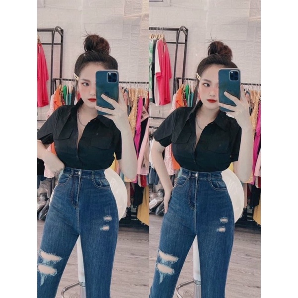 Áo sơ mi trơn tay ngắn có túi