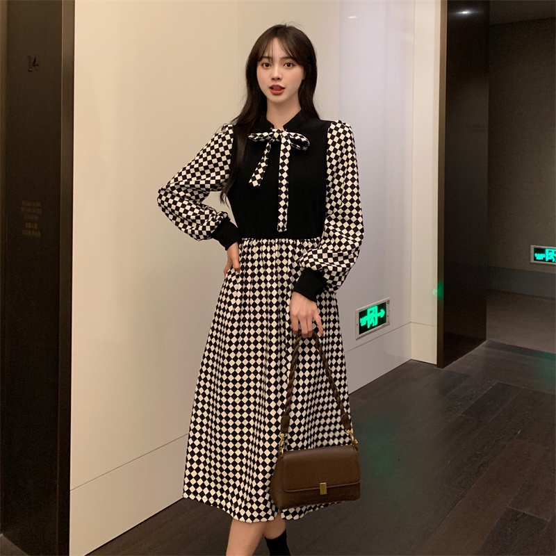 SUXI Đầm midi chữ A tay dài phong cách Hàn Quốc