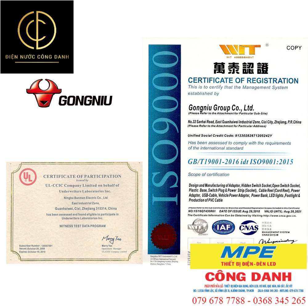 Ổ Cắm Điện Gongniu 3 Ổ Đa Năng Công Suất Lớn 4000W Chống Va Đập Siêu Chịu Tải  Chính Hãng